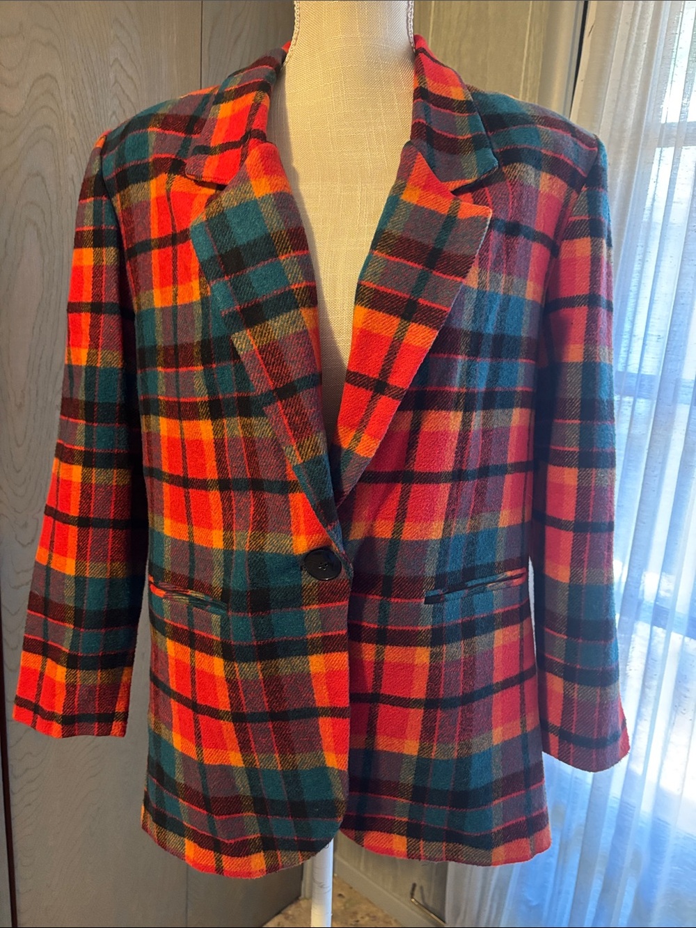 Vintage Star CCC City 80s Orange Plaid Wool Blend Blazer Jacket Shoulder Pads
